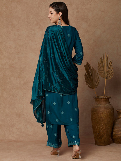 Solid Floral Embroidered Straight Fit Kurta with Pant and Dupatta - Teal Blue