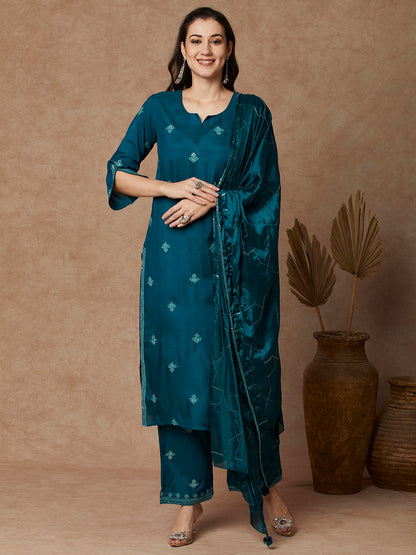 Solid Floral Embroidered Straight Fit Kurta with Pant and Dupatta - Teal Blue