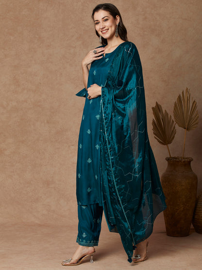 Solid Floral Embroidered Straight Fit Kurta with Pant and Dupatta - Teal Blue