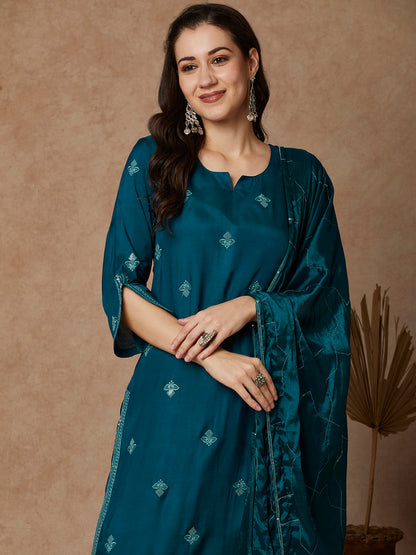 Solid Floral Embroidered Straight Fit Kurta with Pant and Dupatta - Teal Blue