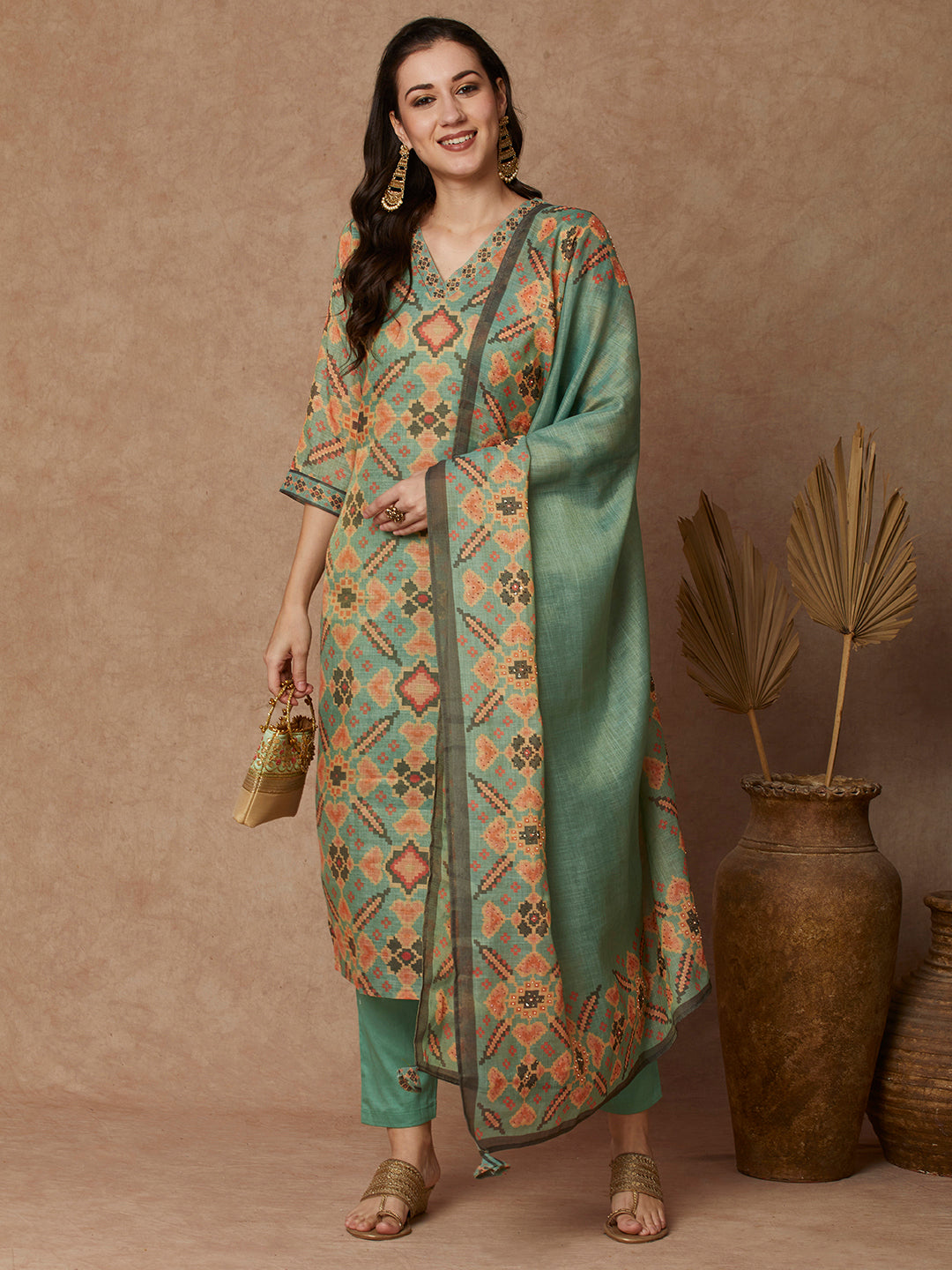 Ethnic Printed Straight Kurta with Pant & Dupatta - Green