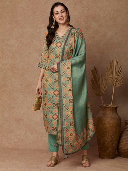 Ethnic Printed Straight Kurta with Pant & Dupatta - Green