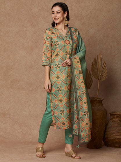 Ethnic Printed Straight Kurta with Pant & Dupatta - Green