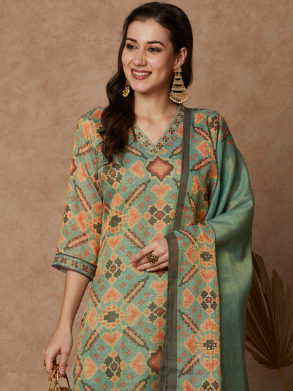 Ethnic Printed Straight Kurta with Pant & Dupatta - Green