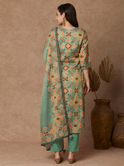 Ethnic Printed Straight Kurta with Pant & Dupatta - Green