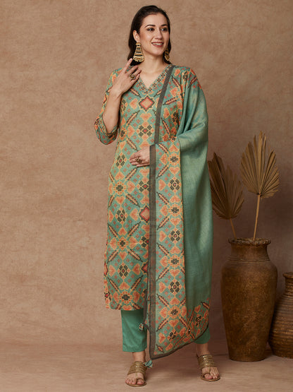 Ethnic Printed Straight Kurta with Pant & Dupatta - Green