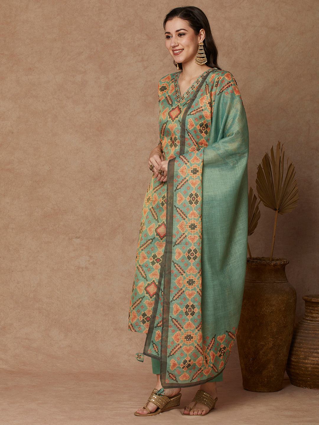 Ethnic Printed Straight Kurta with Pant & Dupatta - Green