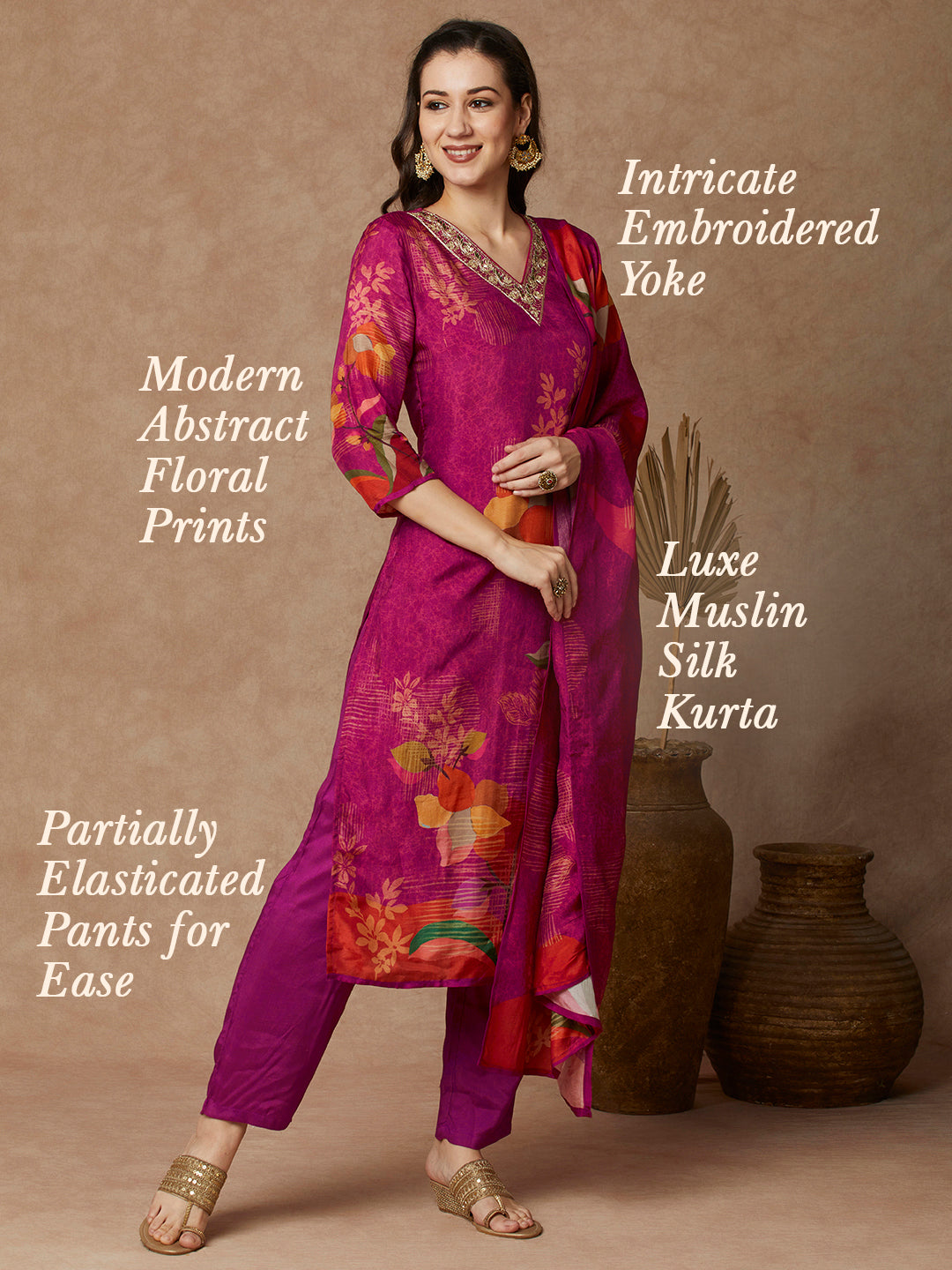 Abstract Floral Printed & Embroidered Straight Fit Kurta with Pant and Dupatta - Pink