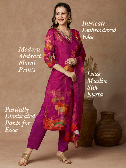 Abstract Floral Printed & Embroidered Straight Fit Kurta with Pant and Dupatta - Pink