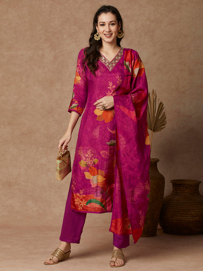 Abstract Floral Printed & Embroidered Straight Fit Kurta with Pant and Dupatta - Pink