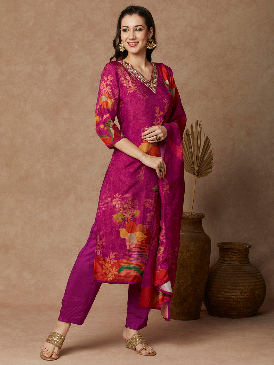 Abstract Floral Printed & Embroidered Straight Fit Kurta with Pant and Dupatta - Pink