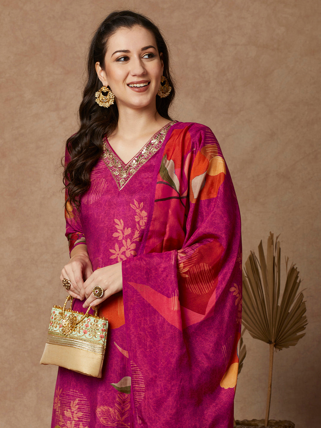 Abstract Floral Printed & Embroidered Straight Fit Kurta with Pant and Dupatta - Pink