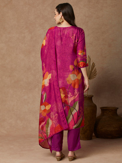 Abstract Floral Printed & Embroidered Straight Fit Kurta with Pant and Dupatta - Pink