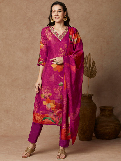 Abstract Floral Printed & Embroidered Straight Fit Kurta with Pant and Dupatta - Pink