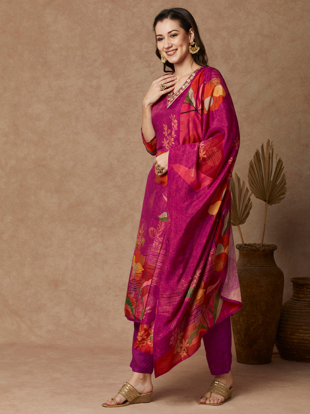 Abstract Floral Printed & Embroidered Straight Fit Kurta with Pant and Dupatta - Pink