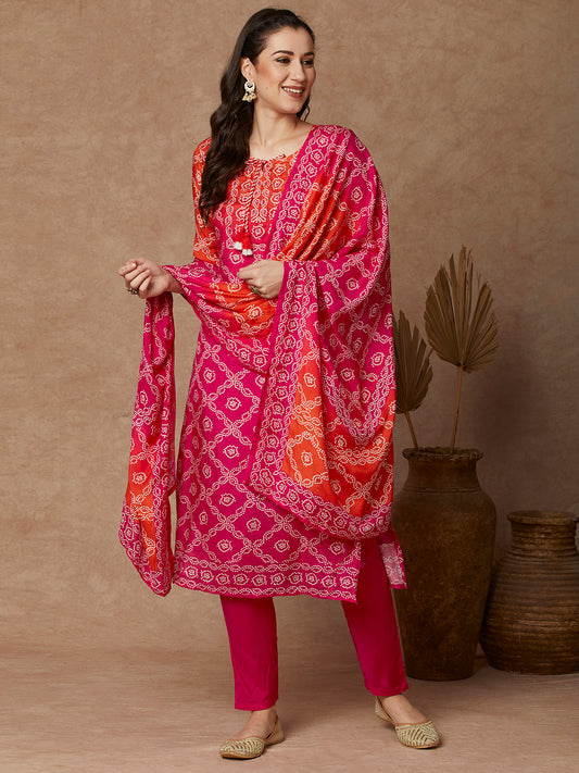 Bandhani Printed Straight Fit Kurta with Pant & Dupatta - Pink