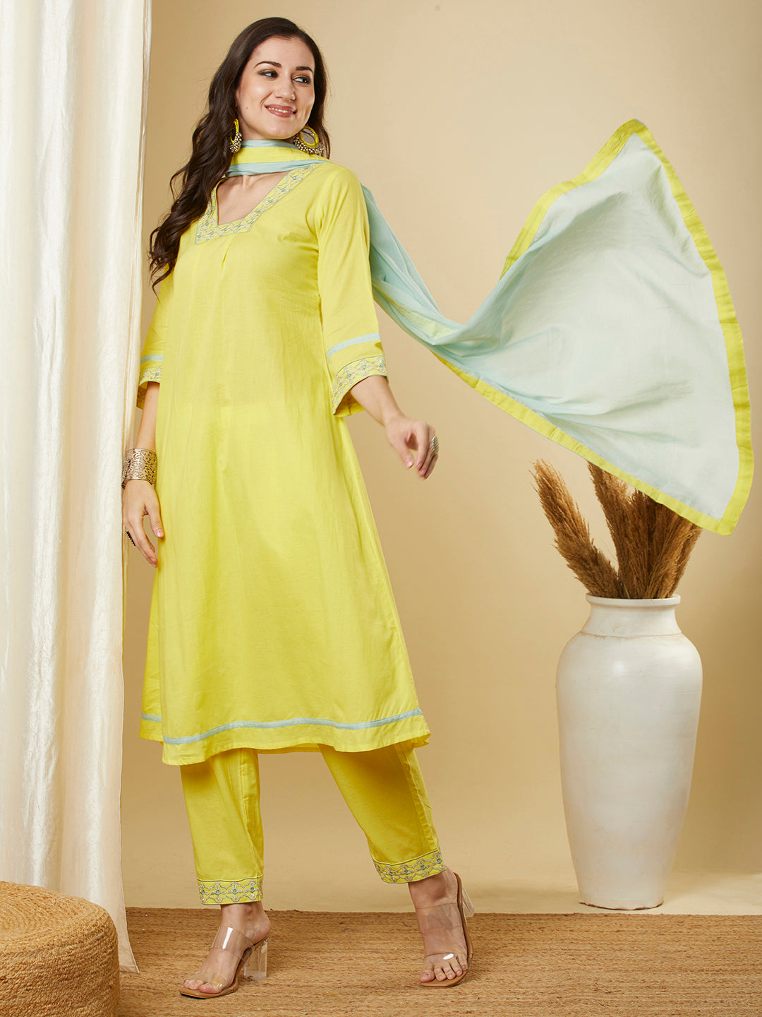 Solid Ethnic Embroidered A-Line Kurta with Pant & Dupatta - Yellow