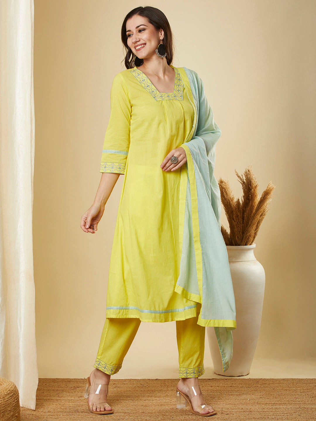 Solid Ethnic Embroidered A-Line Kurta with Pant & Dupatta - Yellow