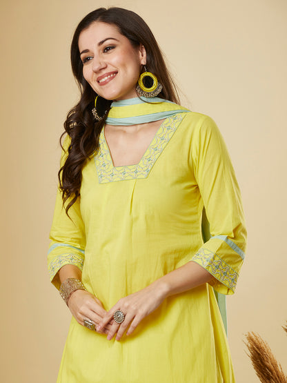 Solid Ethnic Embroidered A-Line Kurta with Pant & Dupatta - Yellow