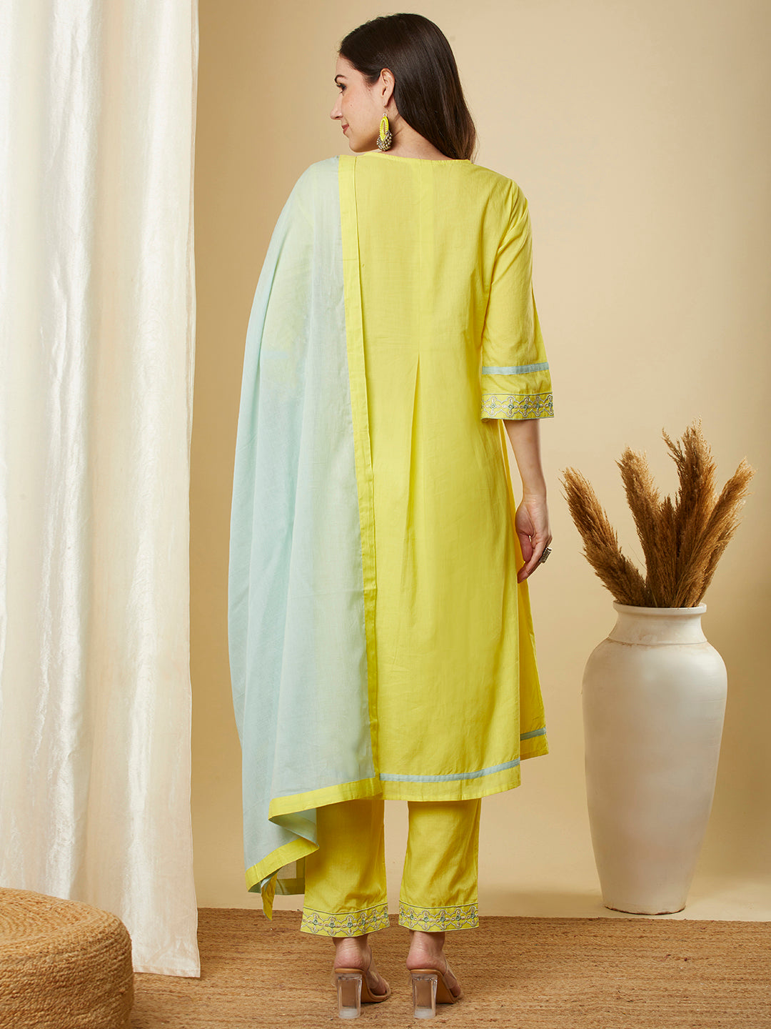 Solid Ethnic Embroidered A-Line Kurta with Pant & Dupatta - Yellow