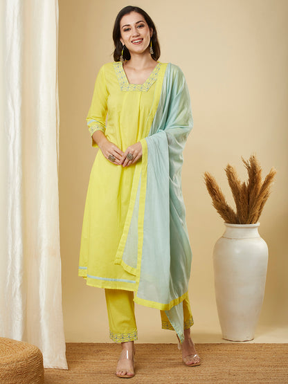 Solid Ethnic Embroidered A-Line Kurta with Pant & Dupatta - Yellow