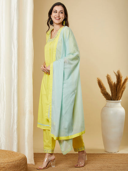 Solid Ethnic Embroidered A-Line Kurta with Pant & Dupatta - Yellow