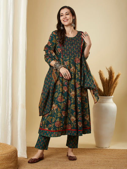 Ethnic Floral Printed & Embroidered Anarkali Kurta with Pant & Dupatta - Green