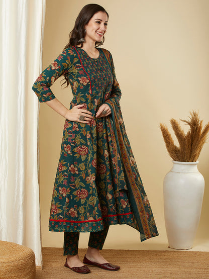 Ethnic Floral Printed & Embroidered Anarkali Kurta with Pant & Dupatta - Green