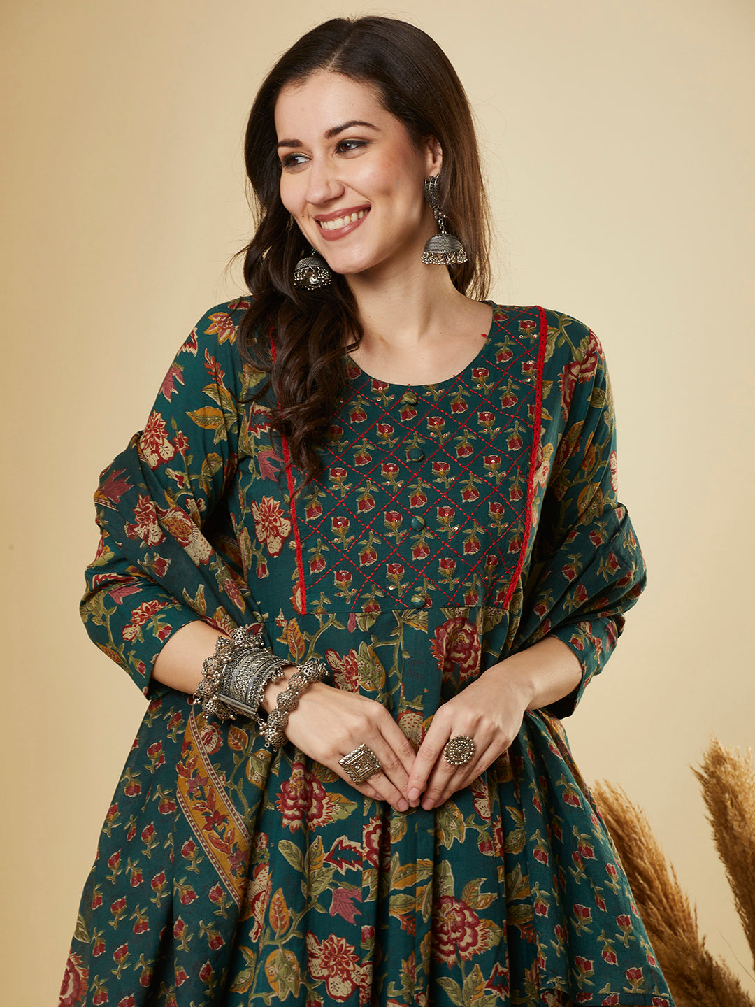 Ethnic Floral Printed & Embroidered Anarkali Kurta with Pant & Dupatta - Green