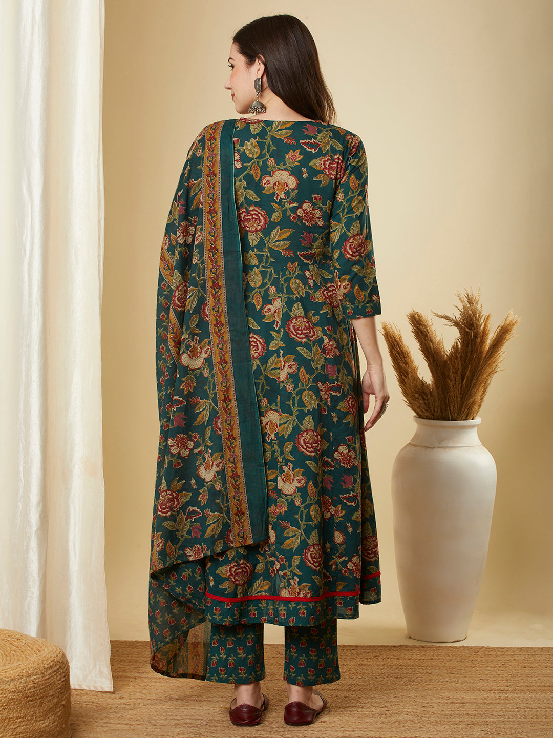 Ethnic Floral Printed & Embroidered Anarkali Kurta with Pant & Dupatta - Green