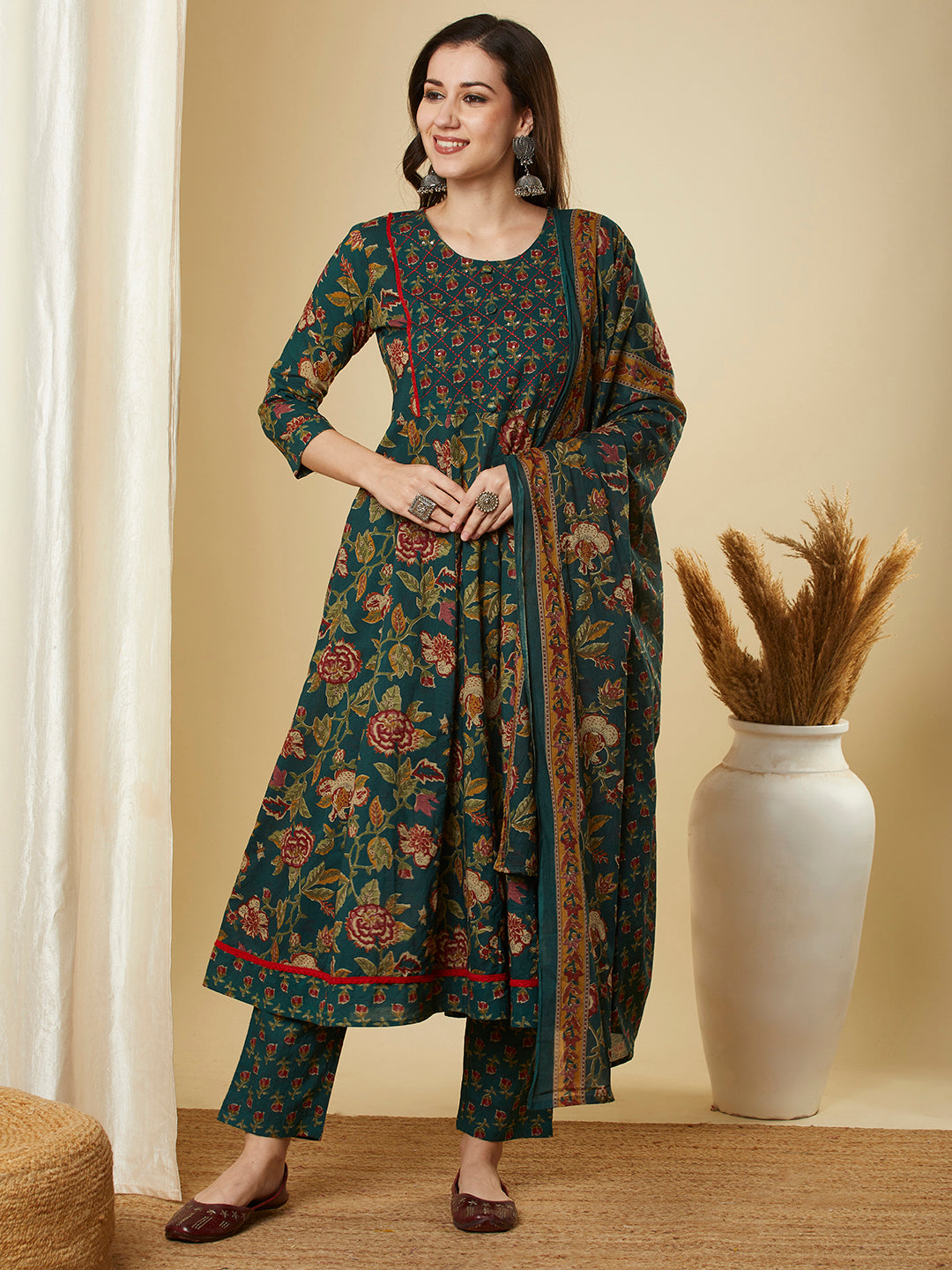 Ethnic Floral Printed & Embroidered Anarkali Kurta with Pant & Dupatta - Green