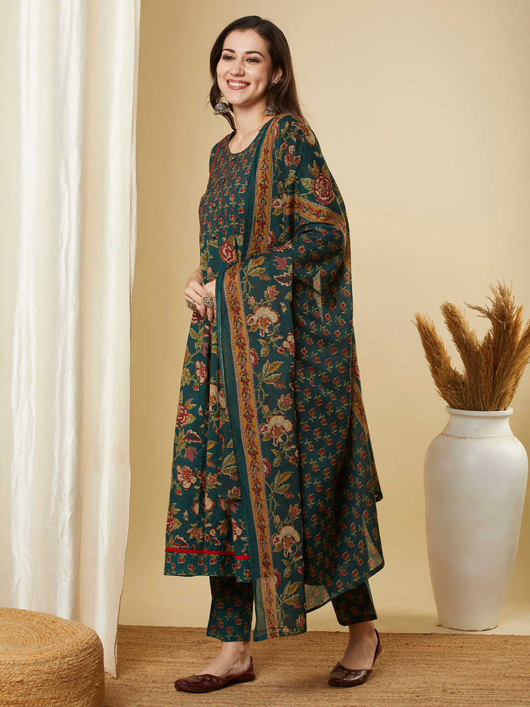 Ethnic Floral Printed & Embroidered Anarkali Kurta with Pant & Dupatta - Green