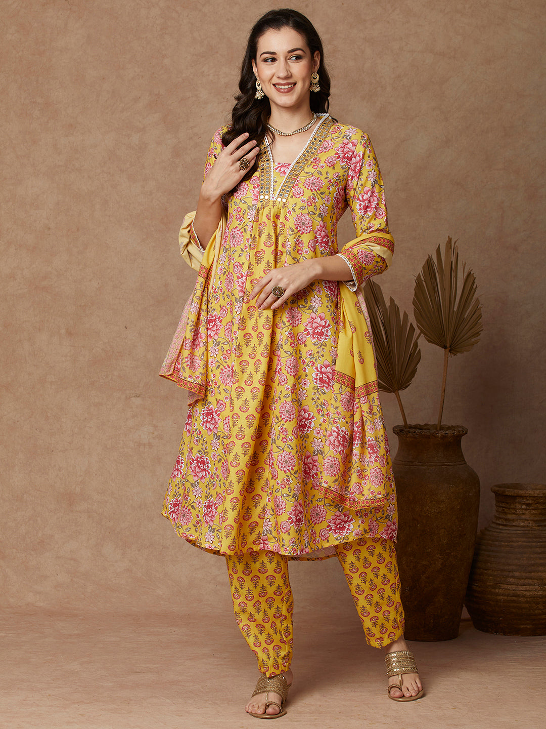 Ethnic Floral Printed & Embroidered A-Line Kurta with Pant & Dupatta - Yellow