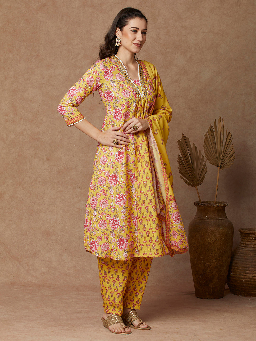 Ethnic Floral Printed & Embroidered A-Line Kurta with Pant & Dupatta - Yellow