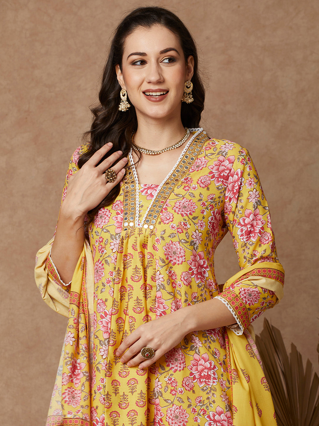 Ethnic Floral Printed & Embroidered A-Line Kurta with Pant & Dupatta - Yellow