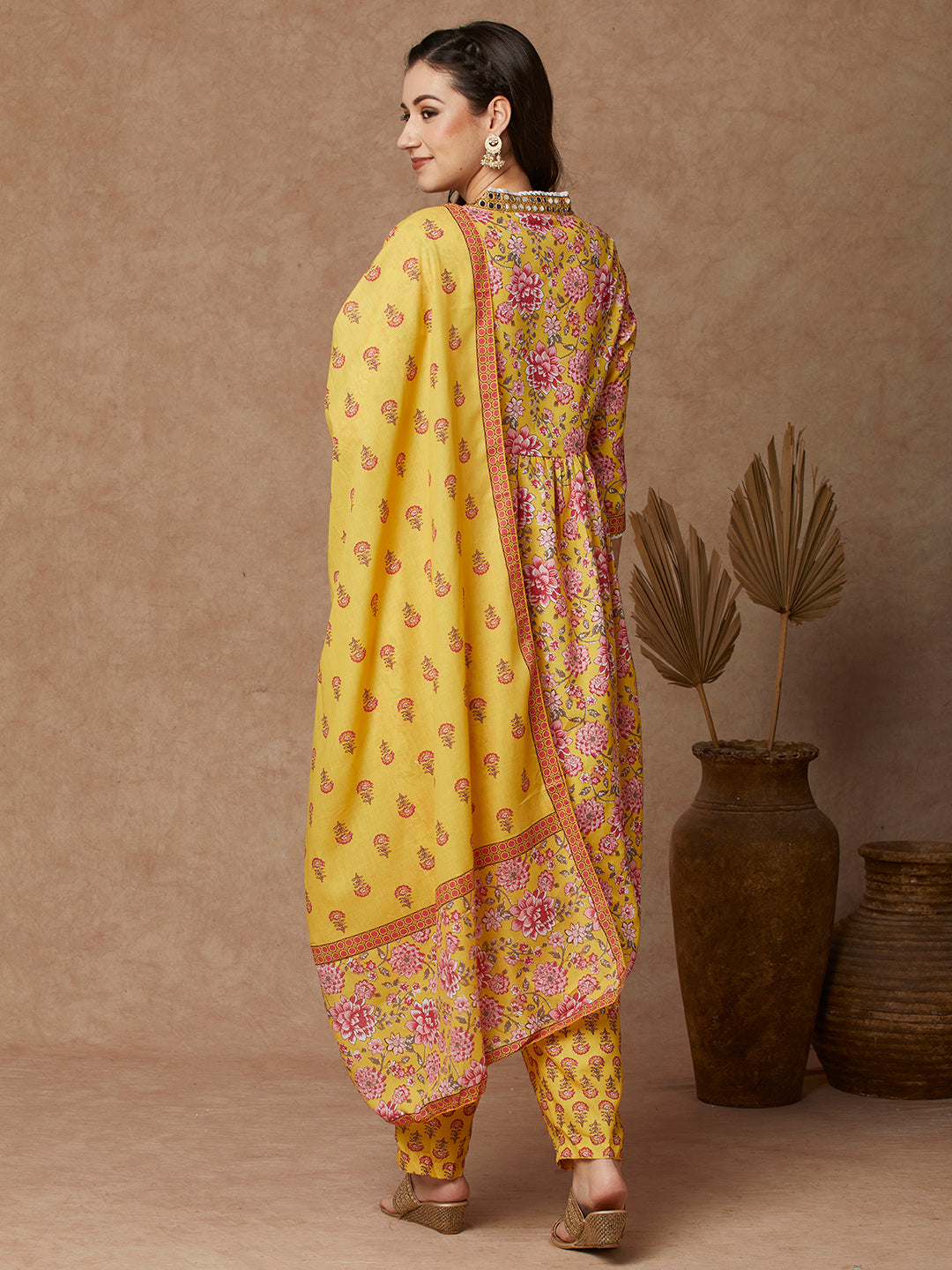 Ethnic Floral Printed & Embroidered A-Line Kurta with Pant & Dupatta - Yellow