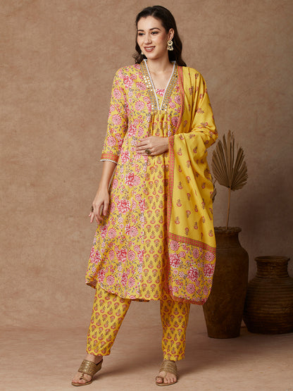 Ethnic Floral Printed & Embroidered A-Line Kurta with Pant & Dupatta - Yellow