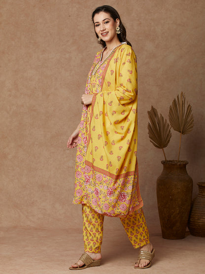 Ethnic Floral Printed & Embroidered A-Line Kurta with Pant & Dupatta - Yellow