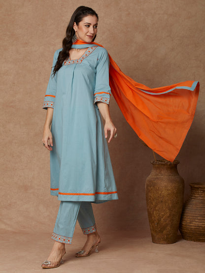 Solid Ethnic Embroidered A-Line Kurta with Pant & Dupatta - Blue