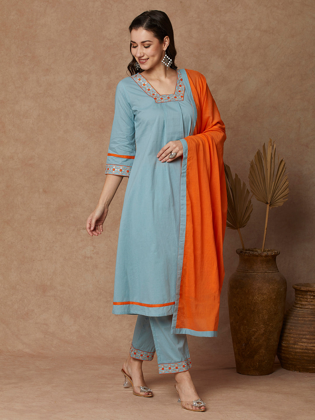 Solid Ethnic Embroidered A-Line Kurta with Pant & Dupatta - Blue