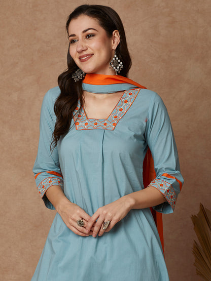 Solid Ethnic Embroidered A-Line Kurta with Pant & Dupatta - Blue