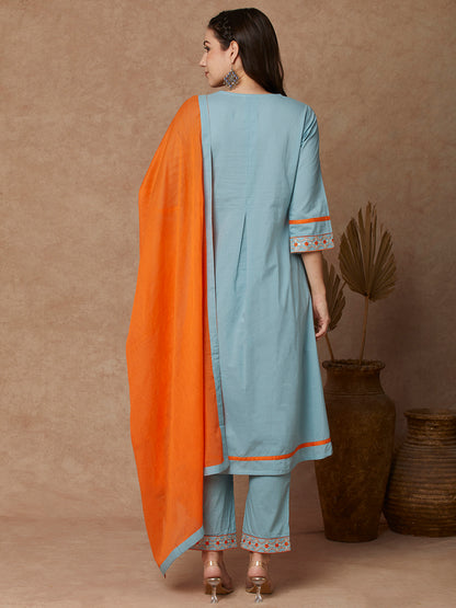 Solid Ethnic Embroidered A-Line Kurta with Pant & Dupatta - Blue