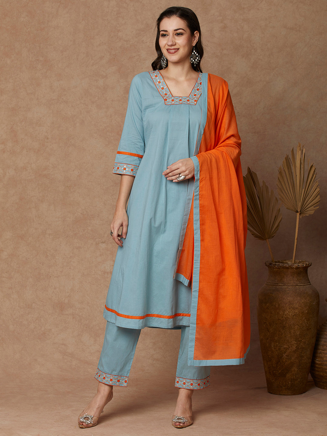 Solid Ethnic Embroidered A-Line Kurta with Pant & Dupatta - Blue