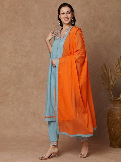 Solid Ethnic Embroidered A-Line Kurta with Pant & Dupatta - Blue