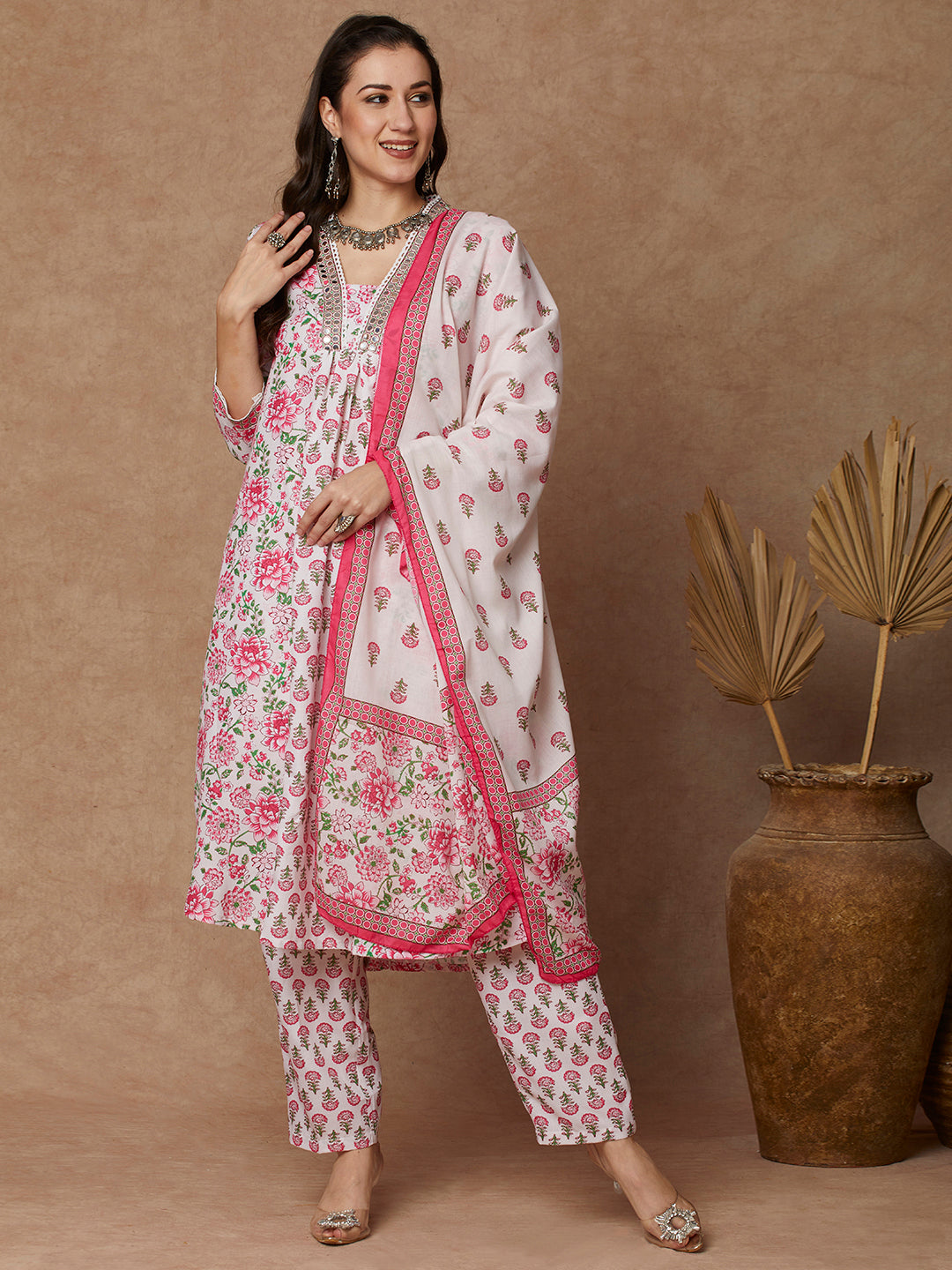 Ethnic Floral Printed & Embroidered Anarkali Kurta with Pant & Dupatta - Off White