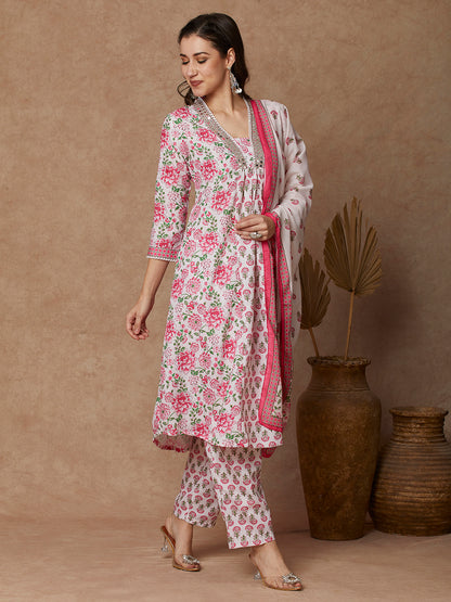 Ethnic Floral Printed & Embroidered Anarkali Kurta with Pant & Dupatta - Off White