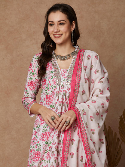 Ethnic Floral Printed & Embroidered Anarkali Kurta with Pant & Dupatta - Off White