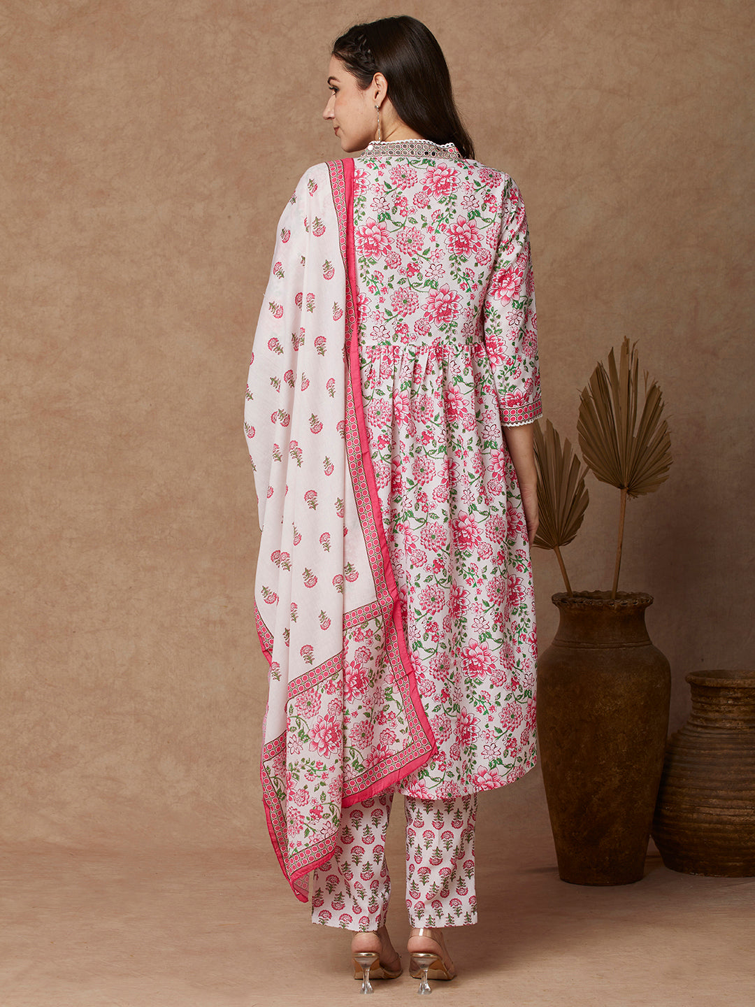 Ethnic Floral Printed & Embroidered Anarkali Kurta with Pant & Dupatta - Off White