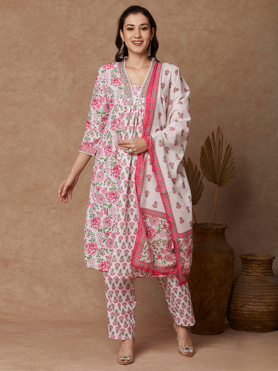 Ethnic Floral Printed & Embroidered Anarkali Kurta with Pant & Dupatta - Off White