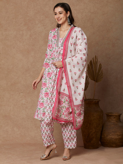 Ethnic Floral Printed & Embroidered Anarkali Kurta with Pant & Dupatta - Off White